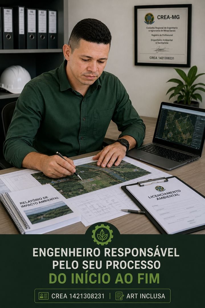Engenheiro ambiental responsável analisando relatório de impacto ambiental, mapa georreferenciado e licenciamento no escritório, com diploma CREA-MG na parede