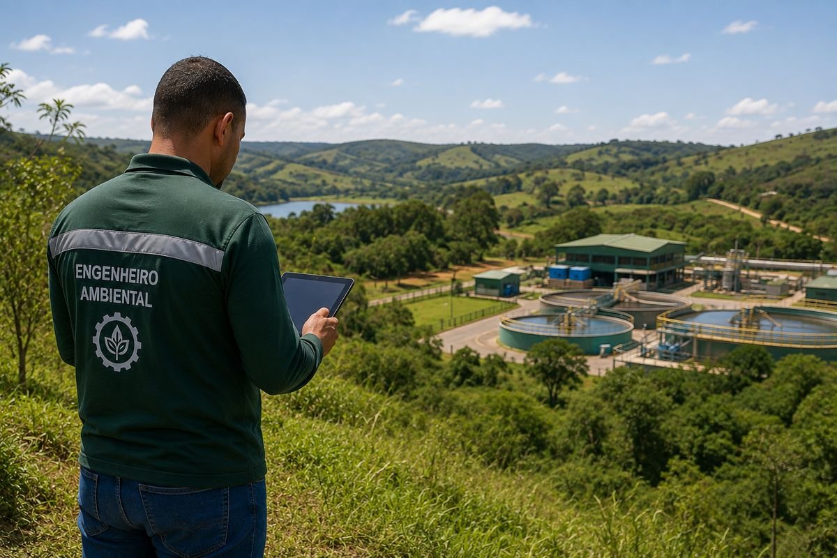 Engenheiro ambiental em campo, com tablet, avaliando empreendimento em Minas Gerais