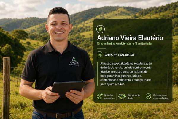 Adriano Vieira Eleutério, engenheiro ambiental e sanitarista responsável técnico da Adriano Engenharia, em propriedade rural com tablet